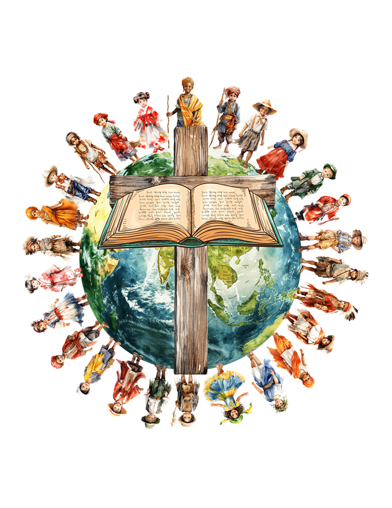 Berean Children emblem: children from many nations gathered around a globe with an open Bible resting on a wooden cross